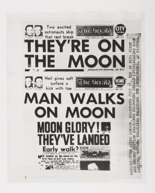 Photograph of headings about moon landing from Melbourne Herald
