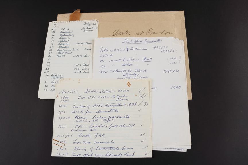 Handwritten papers of dates and events