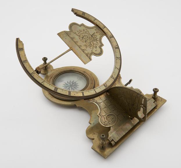 Sun-dial, brass, with crescent-shaped hour circle, 6 1/2in