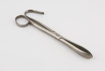 Small pair of straight lithotomy forceps with scoop-shaped blades and cross-action shanks