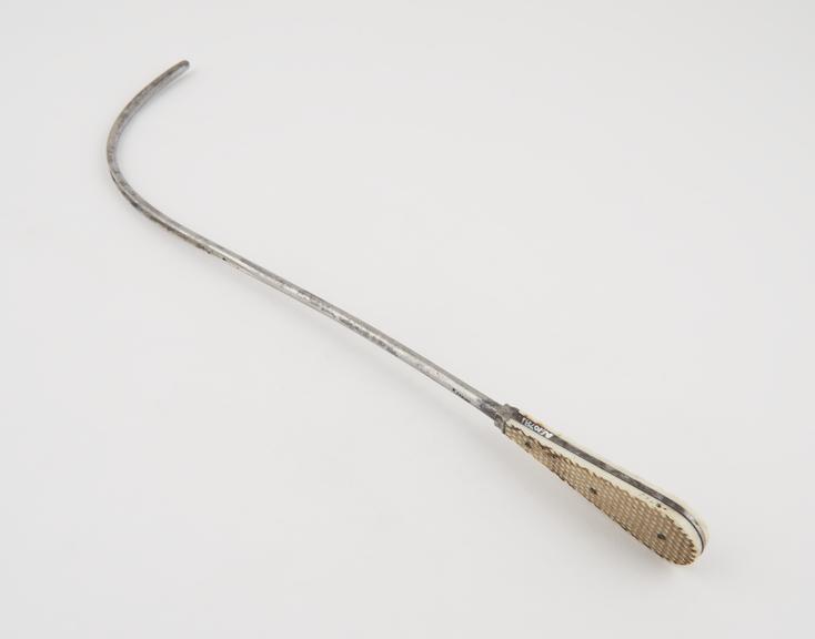 Curved lithotomy staff with median groove and ivory handle