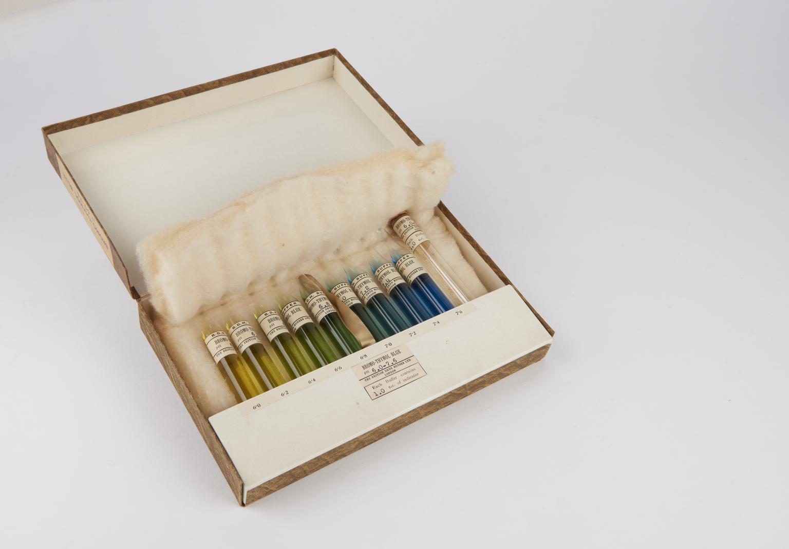 Box containing comparator tubes for comparing pH of bromothymol blue ...