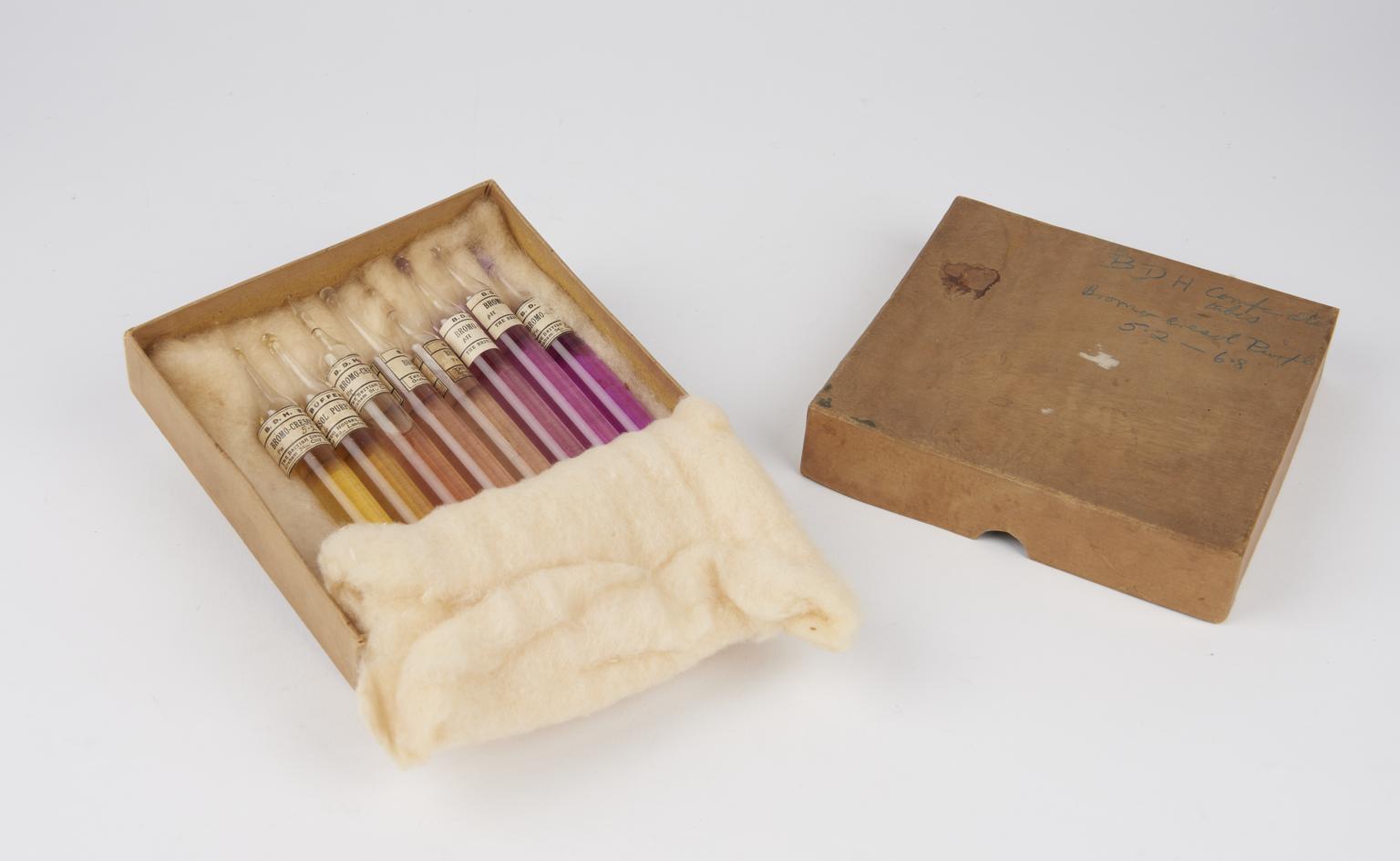 Box containing comparator tubes for comparing pH of bromocresol purple ...
