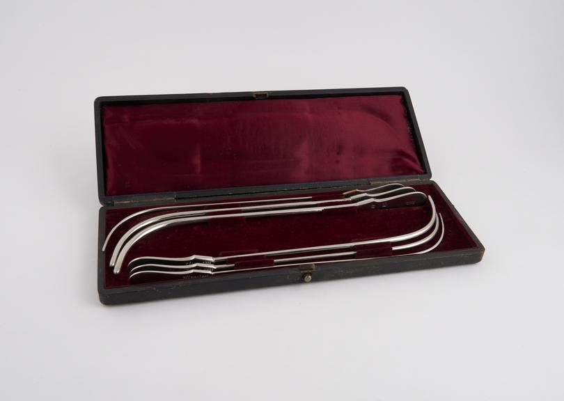 Six silver plate catheters in case, by Ferris of Bristol, c.1930