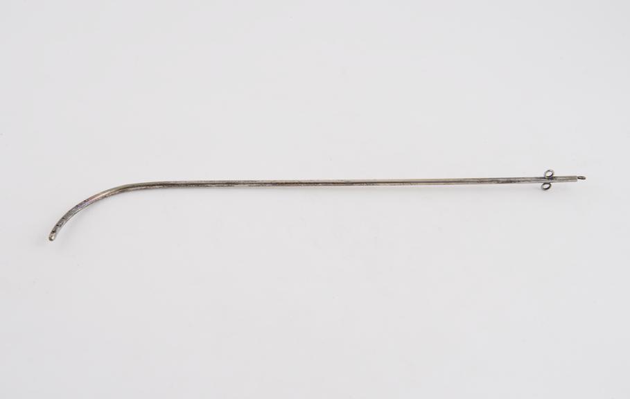 Silver-plated catheter, with proximal curve and stylet, c. 1860