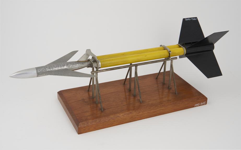 Model of rocket boosted aircraft on stand