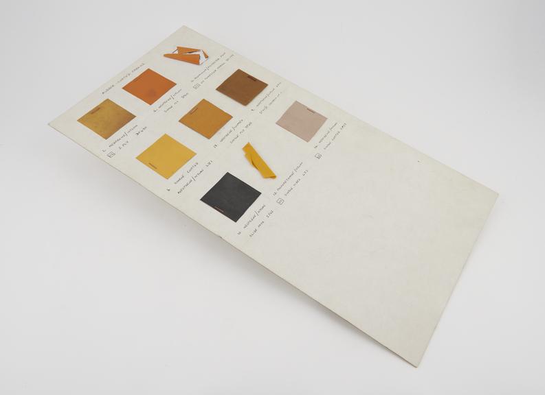 Sample card with nine samples of rubber coated fabrics