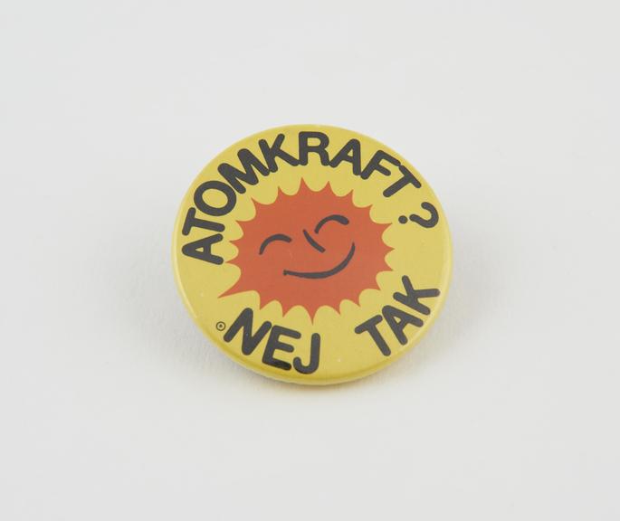 Anti-nuclear energy badge, one of three, in Danish