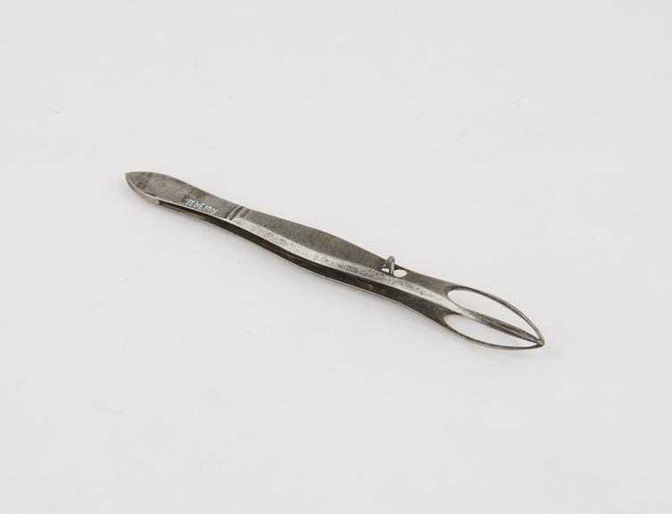 Artery forceps, fenestrated, steel, spring-catch, by J.W