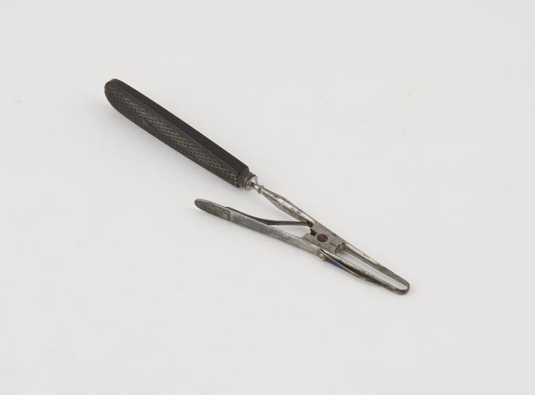 Assalini artery forceps, steel and ebony, by Evans of London