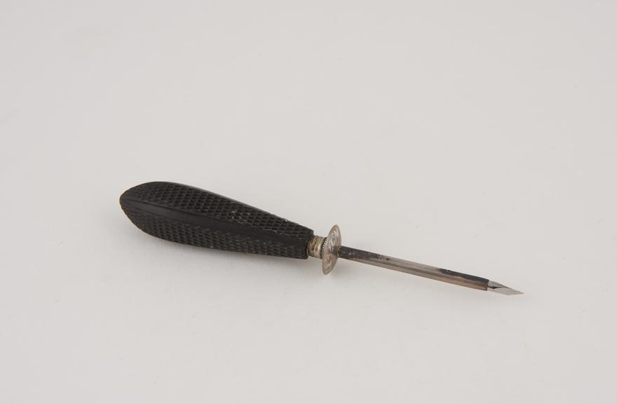 Hydrocele trocar, steel, with ebony handle and screw-on case