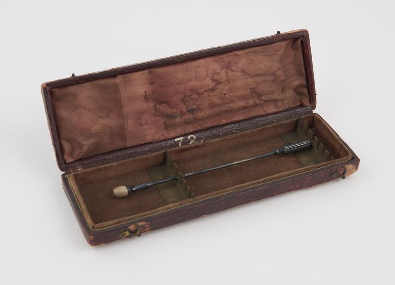 Nelaton's bullet probe, silver and porcelain, in leather case