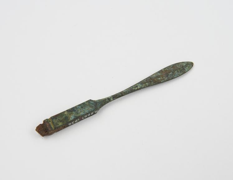 Knife, spatulate bronze handle and part only of iron blade