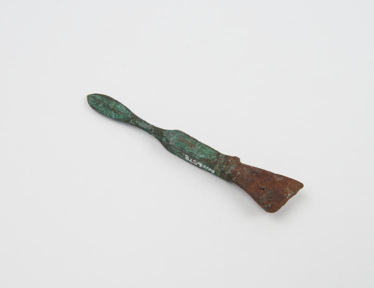 Spatulate bronze knife handle with broken iron blade, Roman(?)