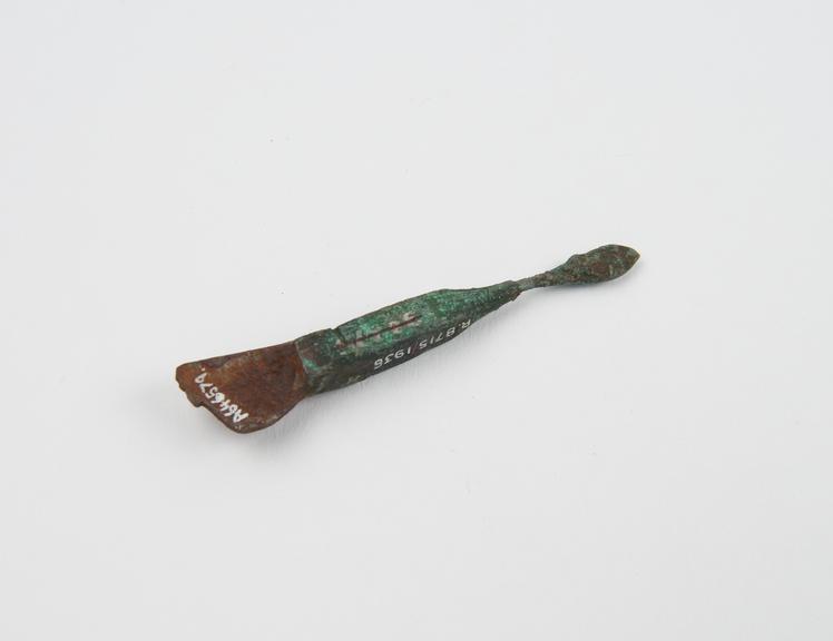 Knife, with spatulate bronze handle, iron blade, Greek or Roman