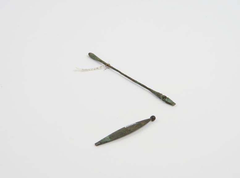 Combined spatula and olive-ended probe, bronze