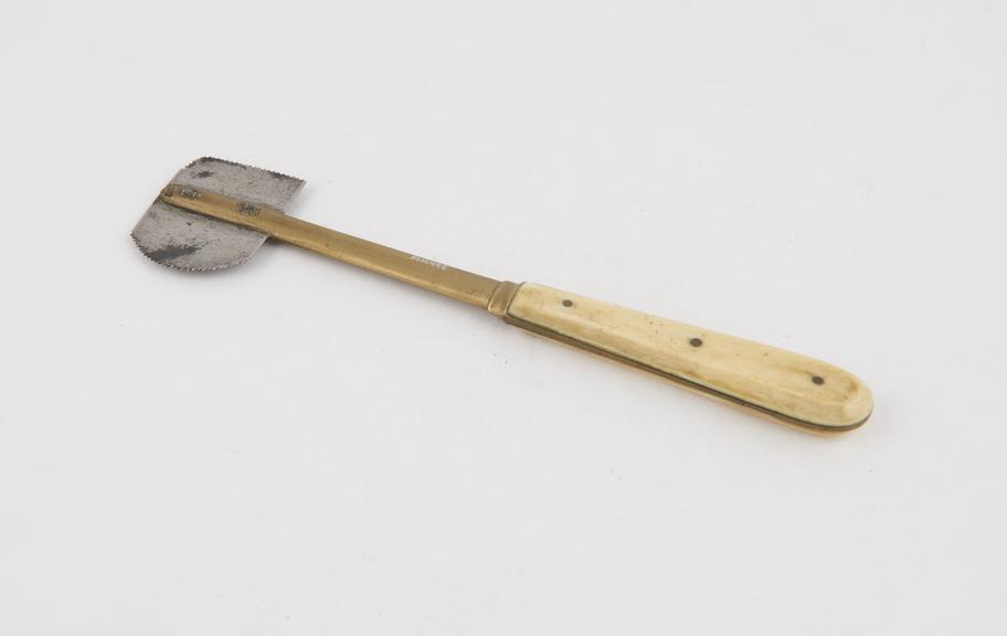 Skull saw, steel, brass and ivory, double edged, by Laundy