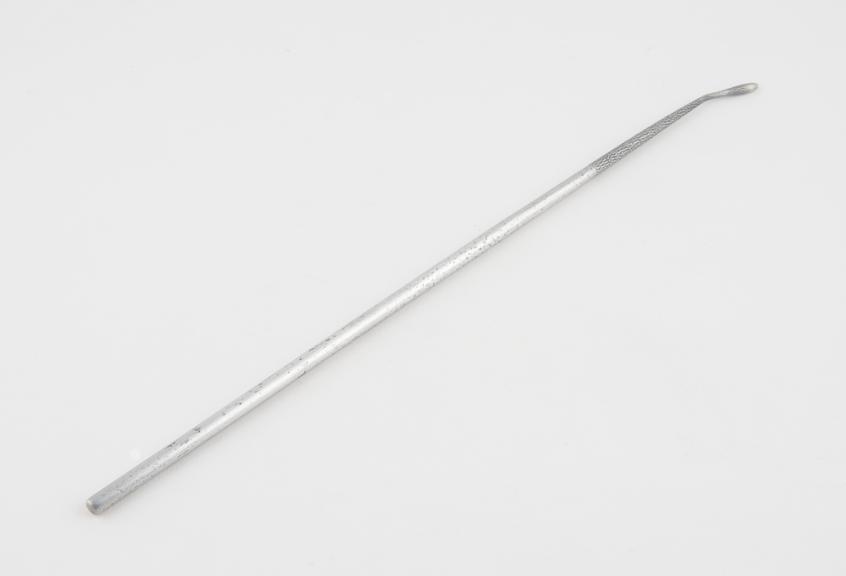 Urethral probe and sound, with angled olive end, nickel, c. 1850