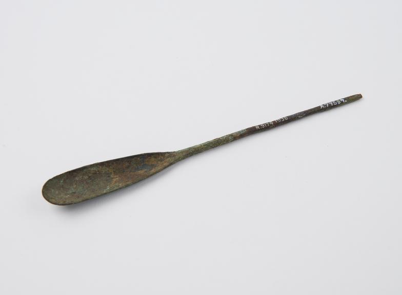 Bronze spoon, long narrow bowl, straight stem, Roman