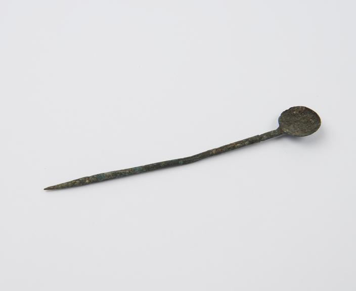 Bronze spoon, with circular bowl and pointed stem, Roman