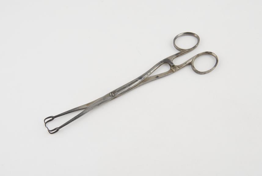 Griffiths uterine forceps, vulsellum, steel, by Woolley and Co