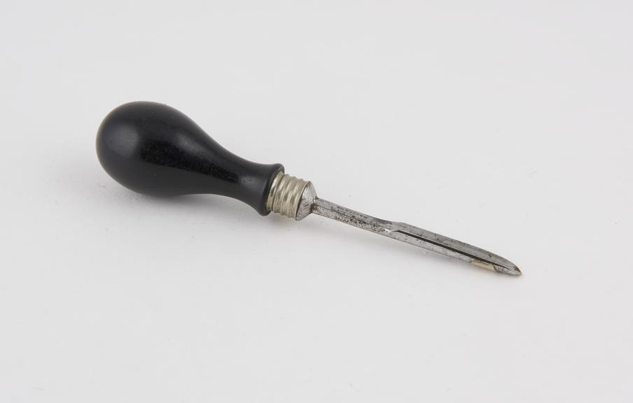 Gouge, mastoid, steel blade, ebony handle, by Mathews of London