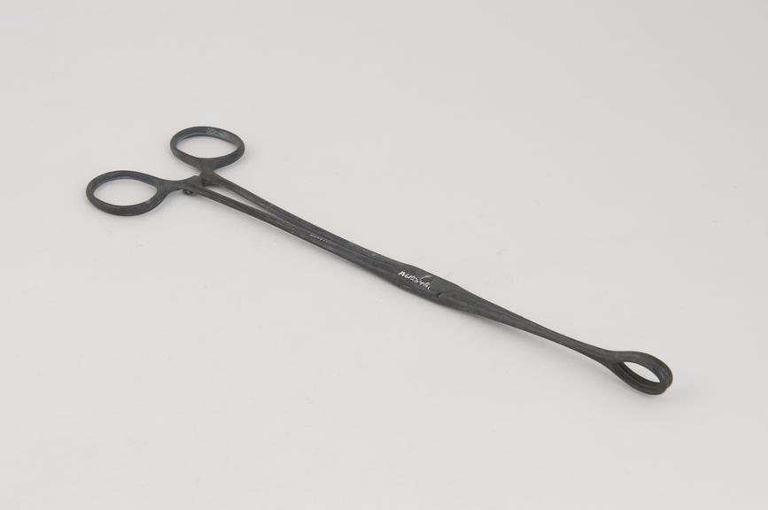 Sponge forceps, lead(?), by R. Whitelaw, British, 19th century