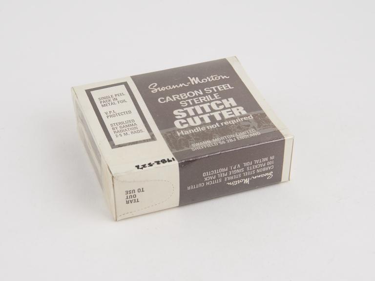 Box of disposable sterile stitch cutters, 1960's