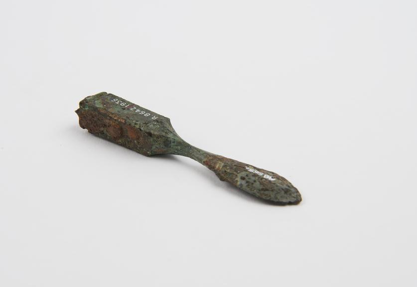 Knife, spatulate bronze handle, part only of iron blade, Roman