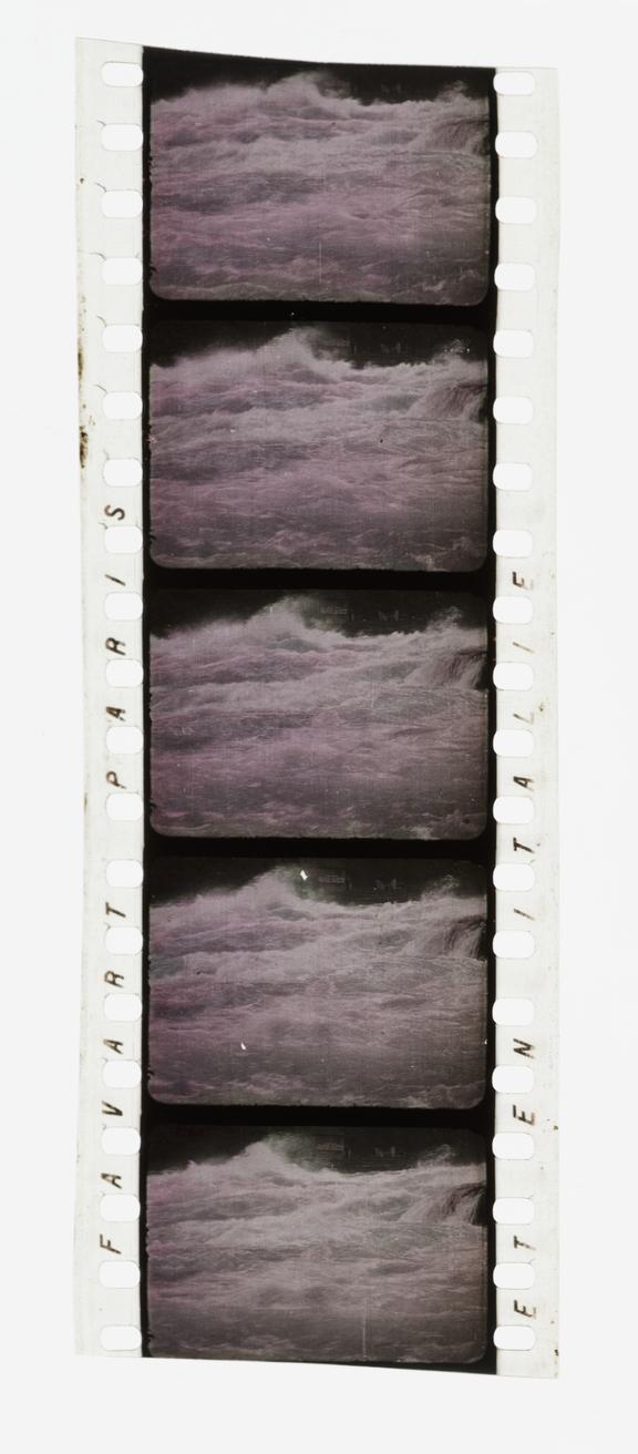 Five frames of silent 35mm Pathecolor positive film showing a