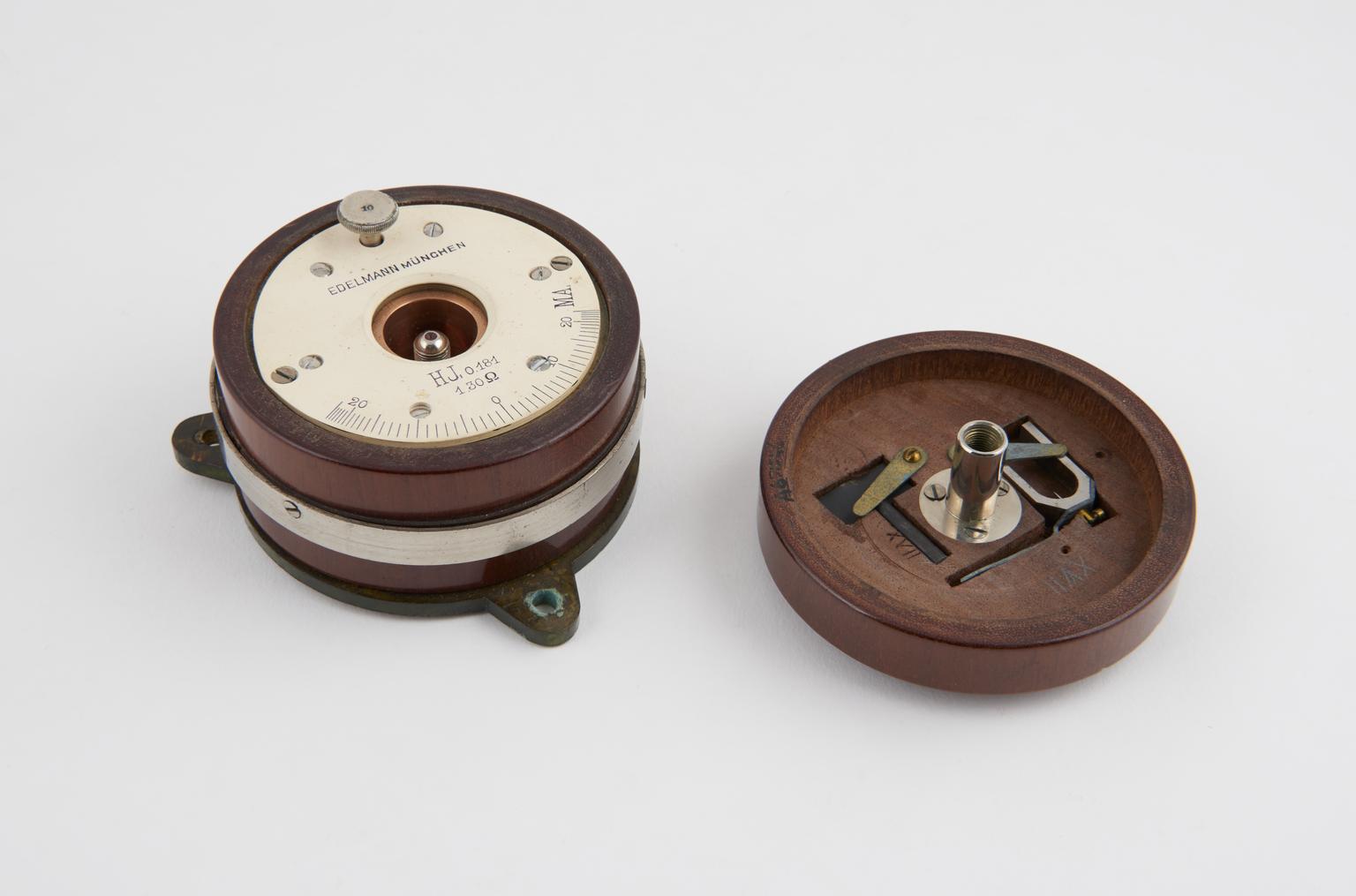 Circular Spring Galvanometer Galvanometer, circular wooden case with metal lugs for securing to ...