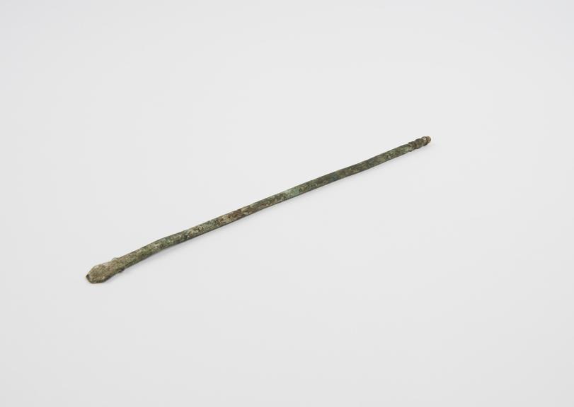 Spatula(?) or cautery(?), bronze, encrusted, found in Rome