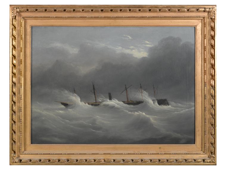 Painting, SS Great Britain, beached ashore, Dundrum Bay Ireland, at high water and in a gale