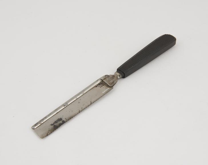 Small blunt end amputation saw with hinged back, by Mathews