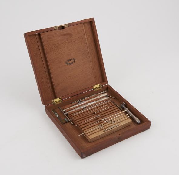 Set of metal trocars and cannulae, Southey's, in oak box