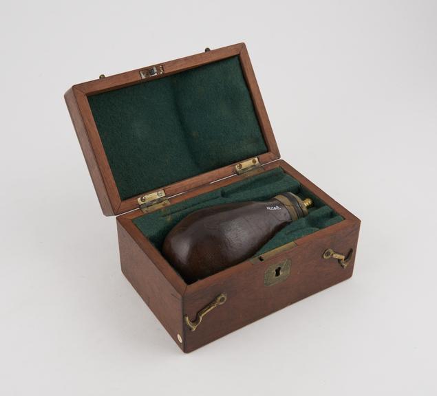 Mahogany case and leather syringe, with brass mount only