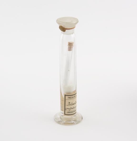 Glass specimen jar containing a test tube with cork stopper