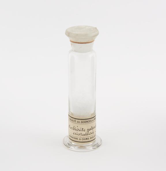 Glass specimen jar containing Sorbierite naturelle cristallisee