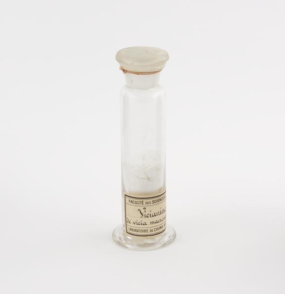 Glass specimen jar containing Vicianine de la vicia macrocarpa