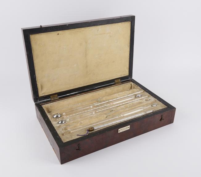 Four Baume hydrometers in wooden box with thermometer, J. J