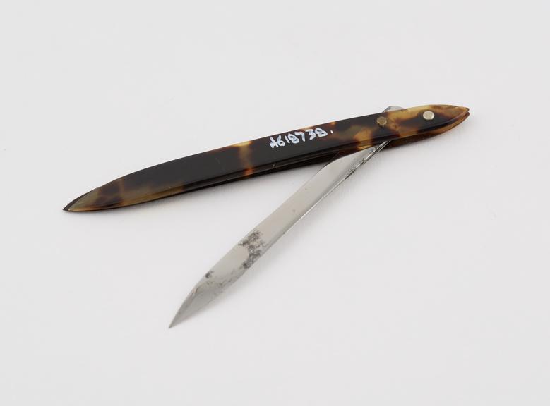 Seton needle, steel, in tortoiseshell sheath