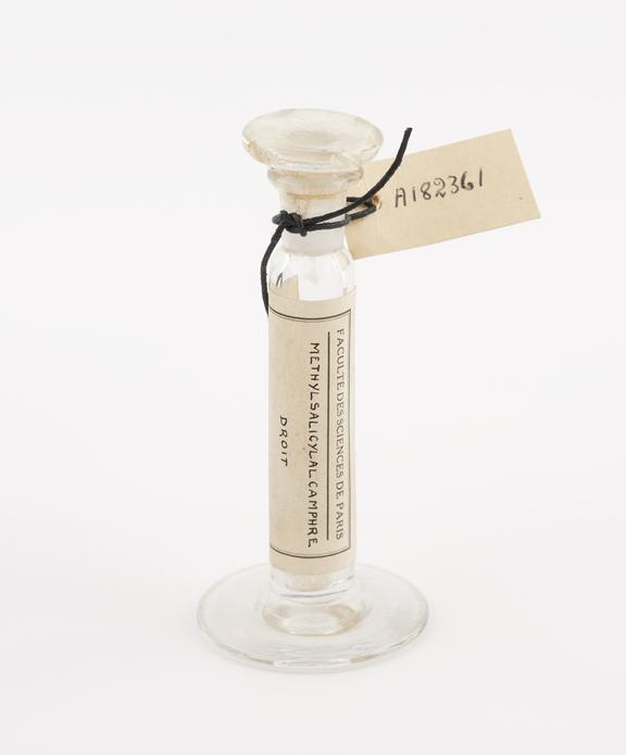 Glass specimen jar containing methylsalicylalcamphre droit