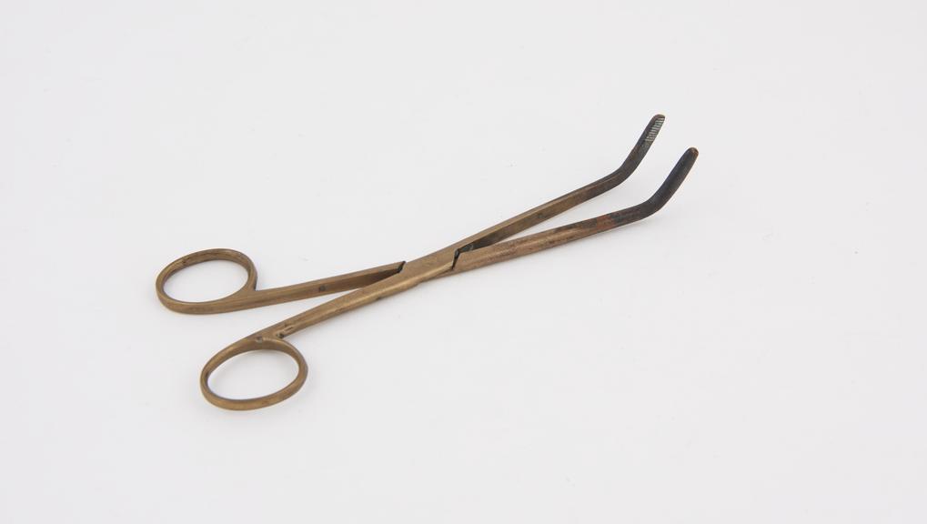 Forceps, with angled jaws, copper plated(?), British(?)