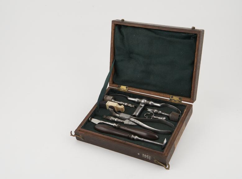 Trephination set, cased, by Bodker, English, 1765-1777