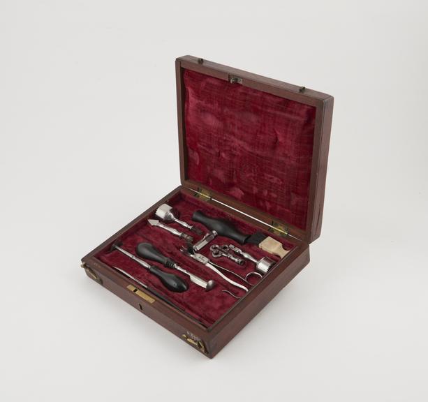 Trephination set, cased, by Evans, English