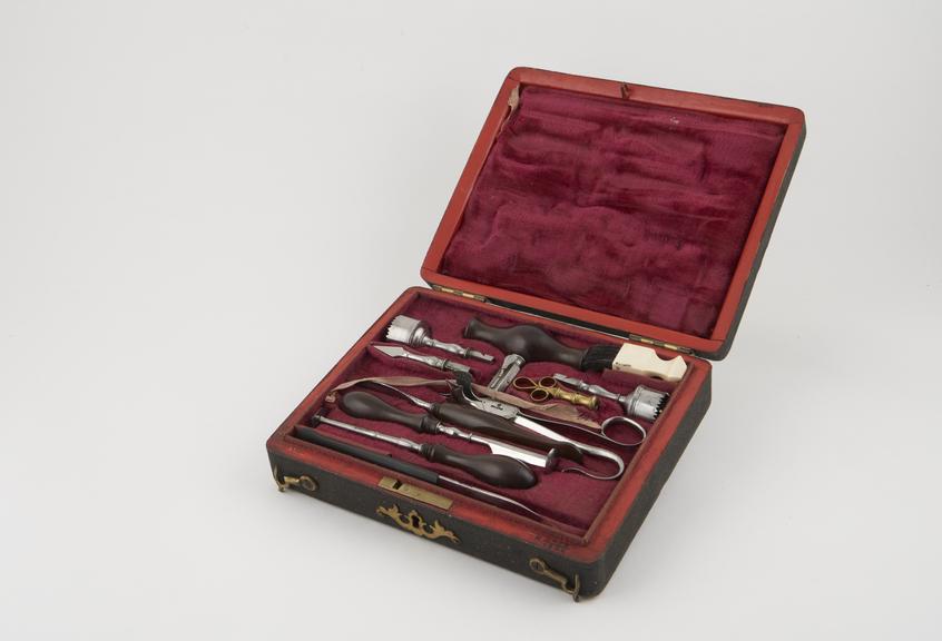 Trephination set, cased, by Evans, English