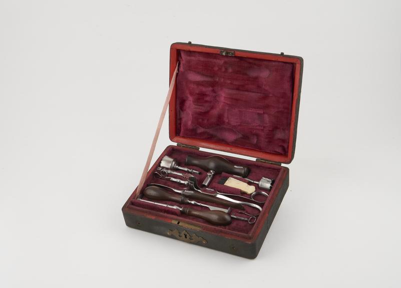 Trephination set, cased, by Evans, English