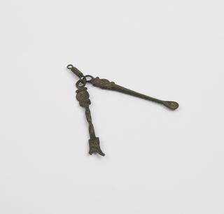 Aural scoop and another instrument on ring, bronze
