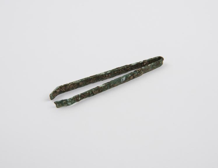 Dipilatory forceps, bronze, encrusted, Roman, 199BC-500AD