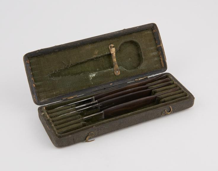4 scalpels, steel and wood, by Paton, in wooden case